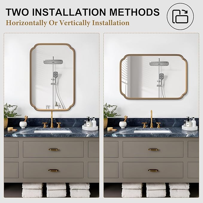 Gold Bathroom Mirror for Wall 20" x 30" Modern Rounded Corner Rectangle Mirror with Non-Rusting Iron Metal Framed Bathroom Vanity Mirror for Over Sink Wall Decor(Horizontal/Vertical)