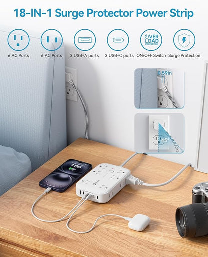 2100J Surge Protector Power Strip - 15 Ft Extension Cord with 6 USB Charging Station and 12 Outlets, Flat Plug Long Thin Extension Cord with Multiple Outlets Wall Mount for Home Office Dorm