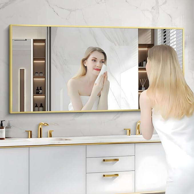 Gold Bathroom Mirror for Wall, 60x30 Inch Rectangle Mirrors with Metal Frame, Modern Vanity Wall Mirror Decor for Bathroom Living Room, Entryway Hangs Horizontal or Vertical