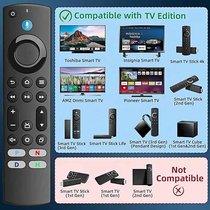 Replacement All Fire Smart TV Remote(Insignia, Toshiba, Onmi, Pioneer), Compatible for Fire Stick/Cube Remote(4K, 1st, 2nd, 3rd Gen, Life) with Voice