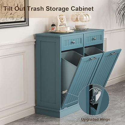 Tilt Out Trash Cabinet with Double Hidden Trash Can Holder, Kitchen Free Standing Recycling Cabinet,Dog Proof Trash Can,Wood, Teal