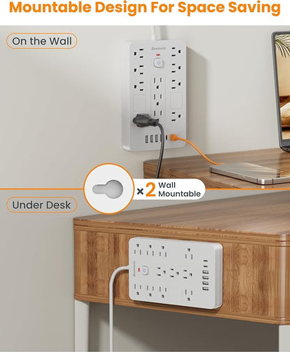 Bawmwim Surge Protector Power Strip - 11 Outlets(1850W/15A) with 6 USB Ports(2 USB C), 6FT Flat Plug Extension Cord, Wall Mount, White,Listed for Home, Dorm Room