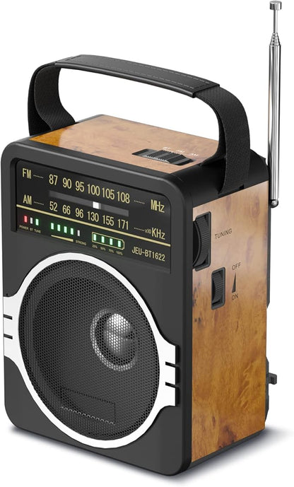 JEUJUG Portable AM FM Radio, Bluetooth 5.0 Radios 5 Watts Loud Speaker,FM Radio Built-in Rechargeable Battery/DC D*4 Cell Battery Operated & AC Power Plug in Wall Retro