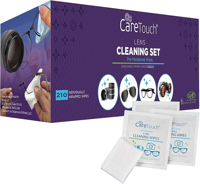 Care Touch Lens Wipes for Eyeglasses- 210 Count Individually Wrapped Pre- Moistened Wipes, 5 x 6 Inch- Camera Lens, Sunglasses and Glasses Cleaner,- Gentle and Portable for Cleaning of Optical Devices