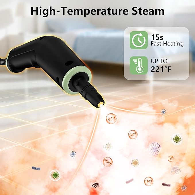 Steam Cleaner, Portable Steamer for Cleaning with 16pcs Accessories, 6-Level Adjustable, 15s Heat-Up, Handheld Steam Cleaner for Home for Tile, Grease, Dirt, Grout, Car Detailing, Green