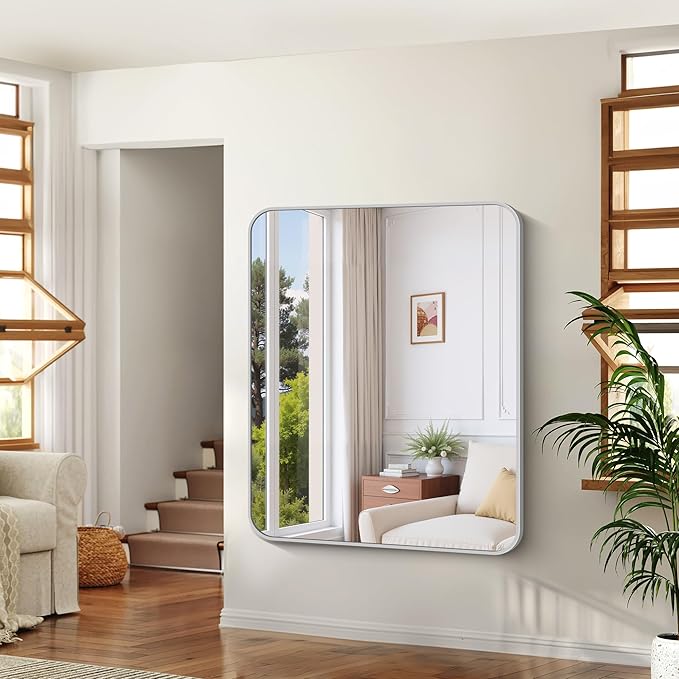 48x40 Inch Silver Bathroom Mirror, Large Rectangle Mirror, Metal Framed Rectangular Vanity Mirror, Rounded Corner Wall Mounted Mirror for Living Room Bedroom Entryway Horizontal or Vertical