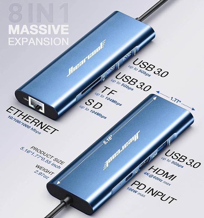 Hiearcool USB C Hub, 8in1 USB-C to 4K 60Hz HDMI Docking Station, USBC Ethernet Multi-Port Adapter 100W PD Dock Compatible for MacBook Pro Air M1 Dell HP Lenovo and Other C Devices-Midnight Blue