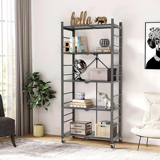 Himix Storage Shelves with 20 Hooks, 5-Tier Foldable Shelves for Storage, Folding Shelf Unit Pantry Shelves Bookshelf with Wheels, Vendor Display Racks for Craft Shows, Home, Grey - No Assembly