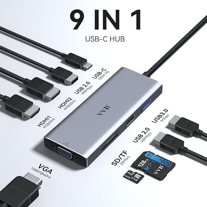 USB C Docking Station Dual Monitor HDMI Adapter for Dell HP Lenovo,Laptop Docking Station 3 Monitors USB C Hub Multiple Adapter Dongle with 2 HDMI 4K+VGA+100W PD Charger+3 USB Port+SD/TF Card Reader
