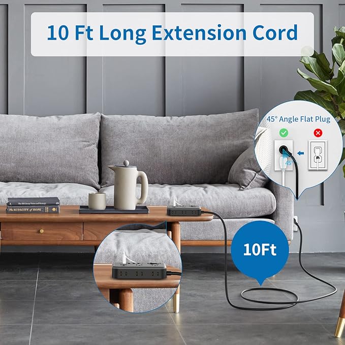 Flat Plug Extension Cord 10 Ft, NTONPOWER 6 Widely Spaced Outlet(2 Side) Power Strip with 4 USB Ports, Overload Protection, Wall Mount Charging Station for Home Office, Nightstand and dorm room, Black