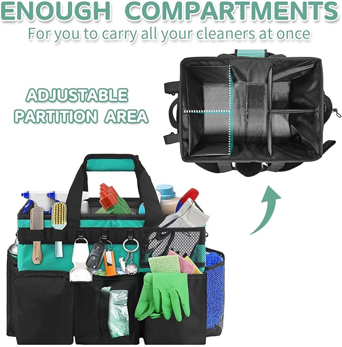 Boczif Cleaning Caddy Bag Wearable, Cleaning Caddy Supplies Organizer with Handle, Shoulder Straps & Detachable Divide, Cleaning Tool Organizers Tote Bag for Cleaners & Housekeepers (Green)