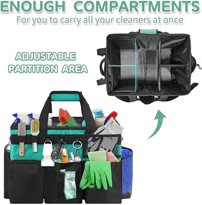 Boczif Cleaning Caddy Bag Wearable, Cleaning Caddy Supplies Organizer with Handle, Shoulder Straps & Detachable Divide, Cleaning Tool Organizers Tote Bag for Cleaners & Housekeepers (Green)