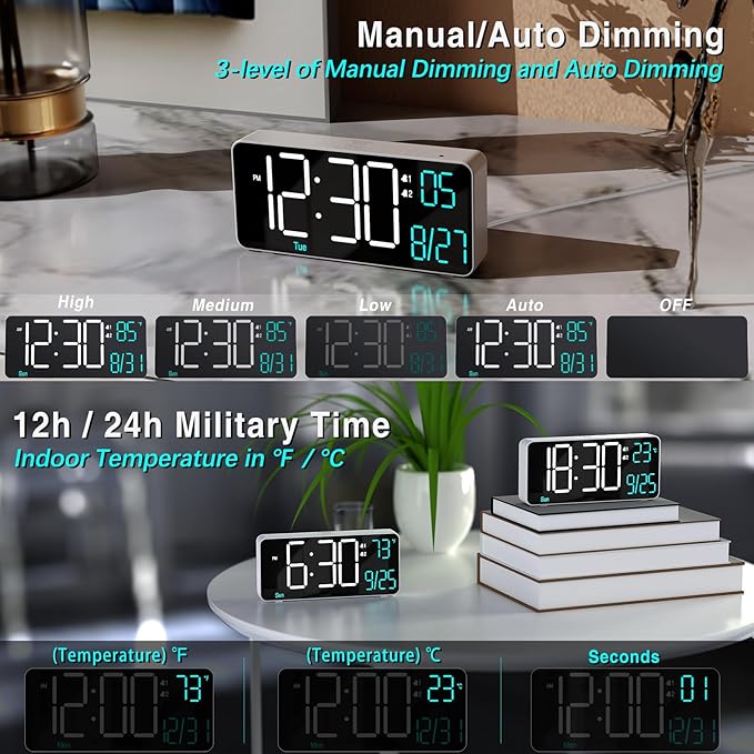KOSUMOSU Digital Alarm Clock for Bedroom,6.7in Small Digital Clock,Auto Dimming,Date,Day of Week,Seconds or Indoor Temp,LED Alarm Clocks for Living Room,White Desk Clocks for Bedrooms