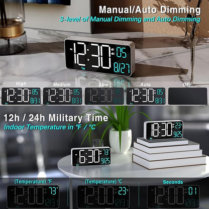 KOSUMOSU Digital Alarm Clock for Bedroom,6.7in Small Digital Clock,Auto Dimming,Date,Day of Week,Seconds or Indoor Temp,LED Alarm Clocks for Living Room,White Desk Clocks for Bedrooms
