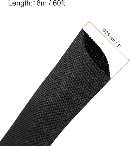 MECCANIXITY Braided Cable Sleeves Heat Shrinkable Fabric Sleeving, 1" 60ft Black 2:1 Ratio Heat Shrinkable Cord Protector for Harness Cable, Network Cable Protection, Cable Management