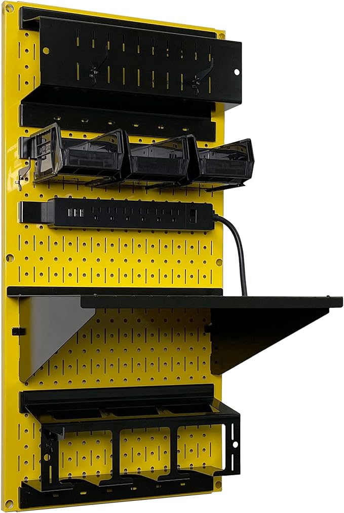 Wall Control Power Tool Storage Organizer Kit Cordless Drill Holder Charging Station Rack 16” x 32” Metal Pegboard Organization System (Yellow Pegboard)