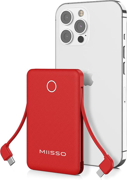 miisso 6000mah Ultra Slim Built in Cables Power Bank, Card Size Built in USB C Cords Battery Pack Portable Charger for Phones, 3 Output External Battery Pack Compatible with iPhone, Red