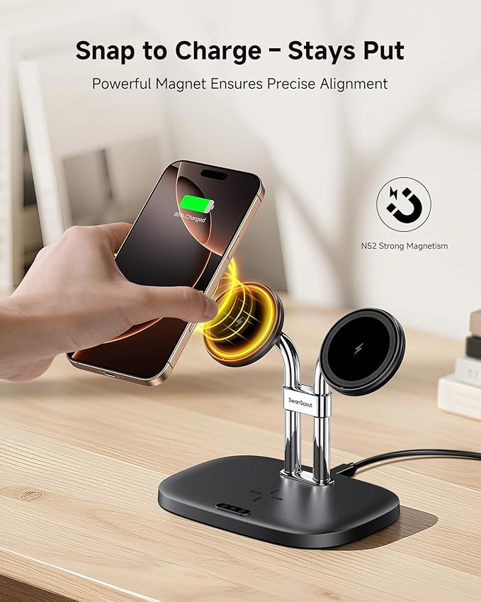 SwanScout Wireless Charger for iPhone Air/17, SwanScout 706M, Dual Magnetic Charger for iPhone 16/15/14/13/12 Series, Charging Station for AirPods Pro 3/2, AirPods 4/3rd (Black)