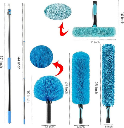 Hicavar 20 Foot High Ceiling Fan Duster with 5-12 Foot Extension Pole, Extendable Reusable Cobweb, Feather, Window Cleaning Squeegee Kit Blue