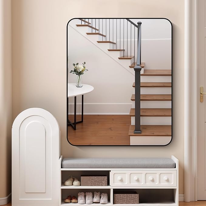 FORBATH Black Bathroom Mirror 40 x 48 Inch, Rectangular Vanity Mirror Wall Rounded Corner Metal Framed Bathroom Mirror for Living Room Bedroom Entryway Decor (Horizontal/Vertical)