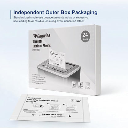 Wingwise 24-Pack Shredder Lubricant Sheets, 8.5 x 6 Inches, Sharpens Blades & Prevents Jams, Mess-Free Maintenance for Home and Office Use