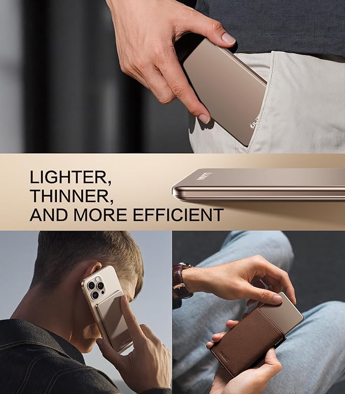 [0.3" Ultra Slim] [Alloy-Made] ULiXWH Magsafe Portable Charger for iPhone, 2025 Upgrade 5000mAh Fast Charging Magnetic Power Bank, Wireless Battery Pack for iPhone 17 Air 16 15 Pro Max 14, Desert Gold
