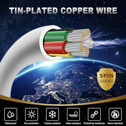 20 Gauge 5 Conductor Electrical Wire, 65.6FT White Stranded Low Voltage 20/5 PVC Case, 20 AWG Tinned Copper 5 Wire Extension Power for Strips LED Lamp Lighting