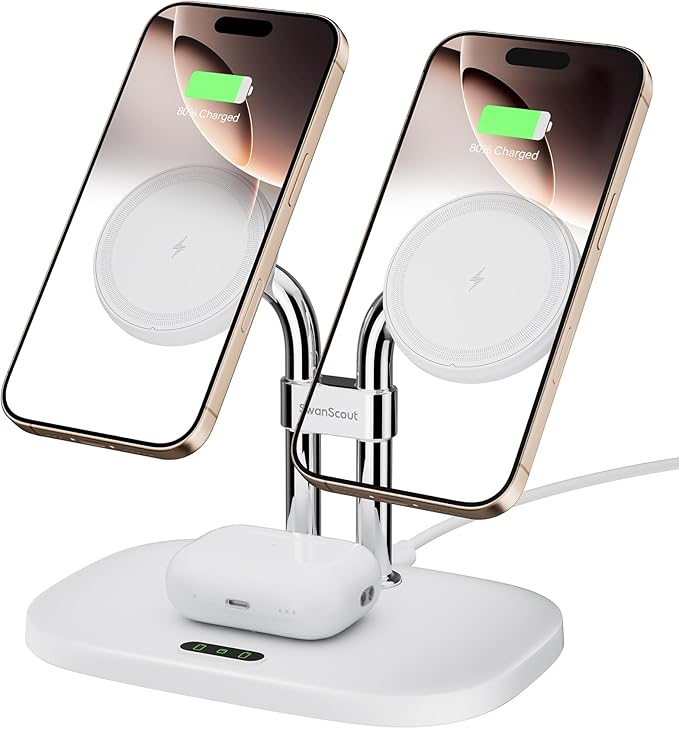 SwanScout Wireless Charger for iPhone Air/17, SwanScout 706M, Dual Magnetic Charger for iPhone 16/15/14/13/12 Series, Charging Station for AirPods Pro 3/2, AirPods 4/3rd (White)