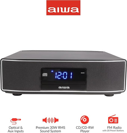 AIWA Exos Home Speaker, Premium 30W RMS Sound System with CD Player, Bluetooth Connectivity, FM Radio, Optical Digital Input, Dual 1” Tweeters + Dual 2” Bass Units, IR Remote Control