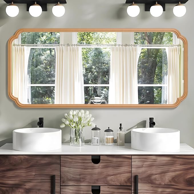 Natural Wood Framed Bathroom Mirror for Wall, 60X24 Inch Wood Bathroom Vanity Mirror Farmhouse, Large Rounded Rectangle Mirror, Tempered Glass, Hangs Horizontally or Vertically