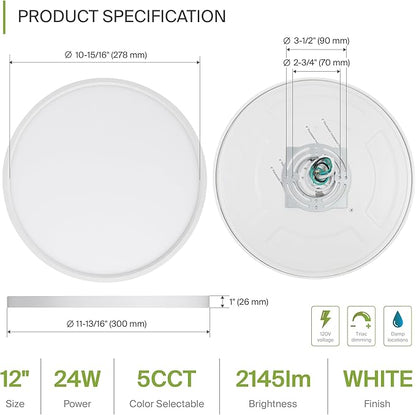 ASD LED 12" Round Flush Mount Ceiling Light Fixture, Low Profile Surface Lighting | 5CCT, Dimmable, Ultra-Thin, ETL Listed | 24W 1900LM 2700-6000K 120V | Kitchen, Hallway Lamp | White, 12 Pack