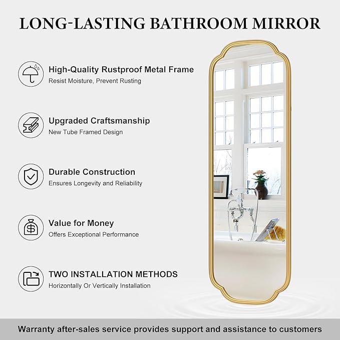 48"x16" Gold Door Mirror Full Length Over The Door with Non-Rusting Metal Frame, Modern Full Body Mirror Bedroom Closet Bathroom