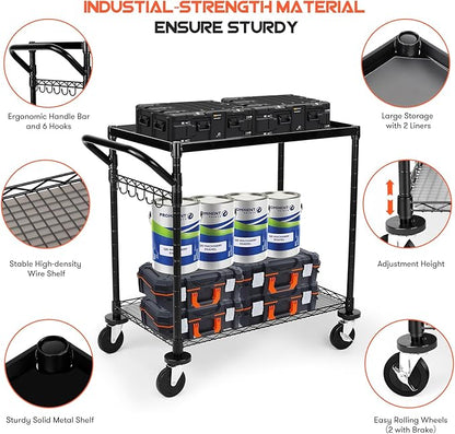 WDT 680Lbs Capacity Heavy Duty Rolling Utility Cart,2 Tier Rolling Carts with Wheels,Commercial Grade Metal Cart with Handle Bar & Shelf Liner,Trolley Serving Cart for Restaurant,Kitchen,Black