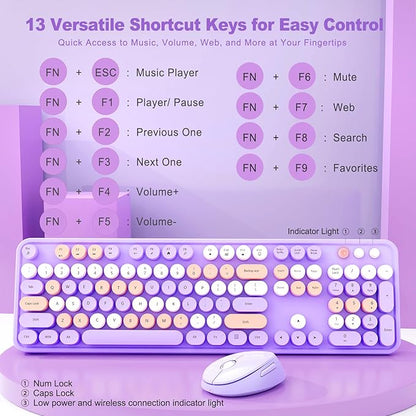 Nowlike Wireless Keyboard and Mouse Combo, Retro Typewriter Keyboard with Round Keycaps, Full-Size Ergonomic, Purple, Ideal for Windows PC, Home, Office, and College