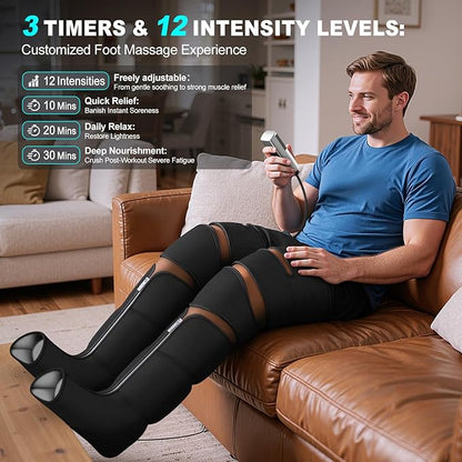 Leg Massager with Heat and Compression, Foot Massager for Circulation and Pain Relief, 3 Timers, 12 Intensity, 6 Modes,3 Heating with Knee Massager,Gift for Man Woman Parents,Black