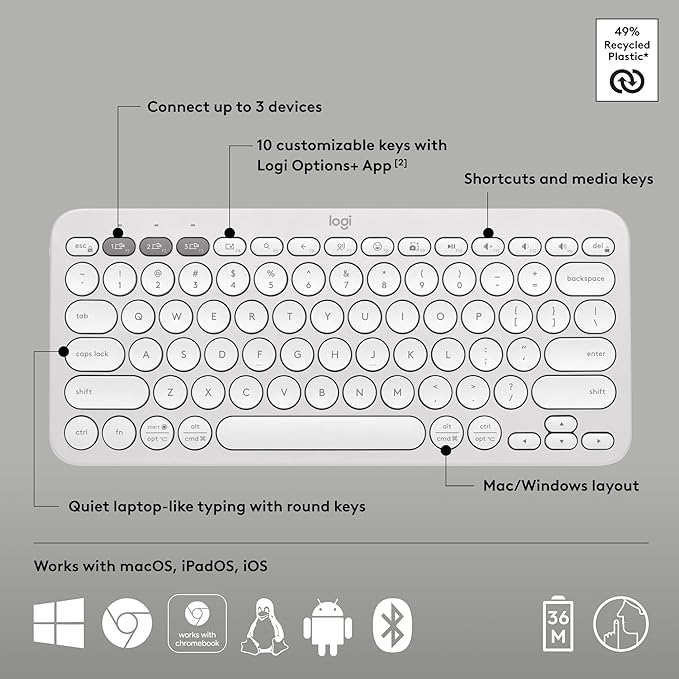 Logitech Pebble Keys 2 K380s, Multi-Device Bluetooth Wireless Keyboard with Customizable Shortcuts, Slim and Portable, Easy-Switch for Windows, macOS, iPadOS, Android, Chrome OS - Tonal White