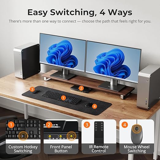 TESmart USB 3.0 DisplayPort + HDMI KVM Switch 2 Monitors 2 Computers 4K@60Hz, Dual Monitor KVM Switch 2 Port Extended Display, EDID Emulators, Headset, Hotkey Switch, Button Switch with All Cables