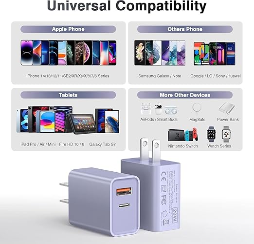 iPhone 16/15 Charger, USB C [3 Pack] Dual Port QC + PD Wall Charger Block With USB A Quick Charging Brick Plug for Apple iPhone 16/16 Pro Max/16 Plus/15/14/13/12/11/X/iPad - Purple