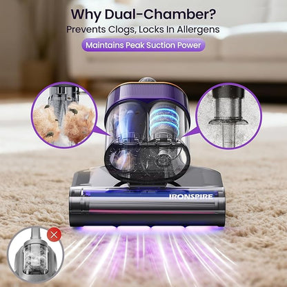 IRONSPIRE Bed Vacuum Cleaner, Mattress Vacuum with 2 Roller Brushes 253.7nm UV-C Light & Ultrasonic,145°F Heat, HEPA Filter, 18kPa Suction 650W Powerful Handheld Vacuums for Dust & Pet Hair(Corded)