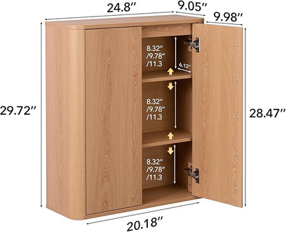 Wall Mounted Storage Cabinet, 2-Door Bathroom Medicine Cabinet with Adjustable Shelves, Modern Wood Hanging Organizer with Rounded Edges for Laundry Room, Kitchen