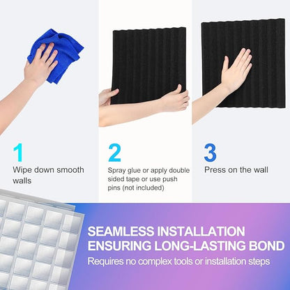 JBER 12 Pack Acoustic Foam Panels, 1" X 12" X 12" Sound Proof Foam Panels for Walls, High Desnsity Studio Soundproofing Wedges - Fire Resistant & Noise Absorbing for Studio, Office, Home (Black)