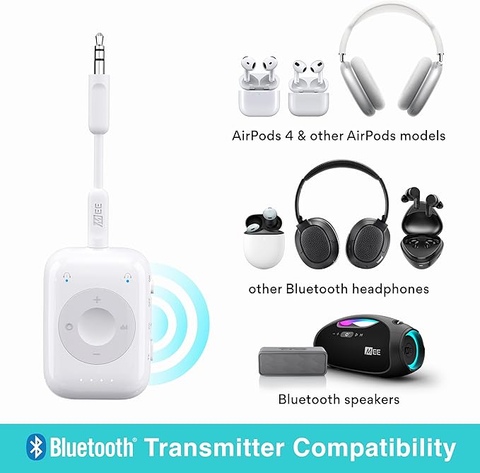 MEE audio Connect Air Pro (2 PACK) Bluetooth Wireless Audio Transmitter & Receiver for AirPods or Bluetooth Headphones, 2-in-1 Adapter with Detachable Cable for 3.5mm devices on Airplanes, Black&White