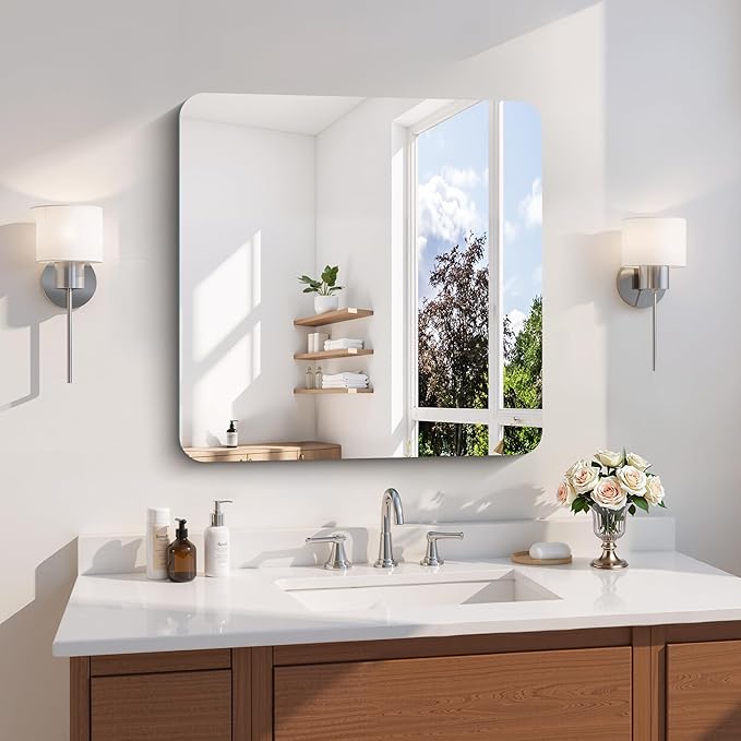CILIBER Frameless Wall Mirror, 24" x 24" Square Bathroom Mirror Rounded Corner, HD Shatterproof Vanity Mirror with Polished Edge for Over Sink, Bedroom, Entryway, Vertical or Horizontal