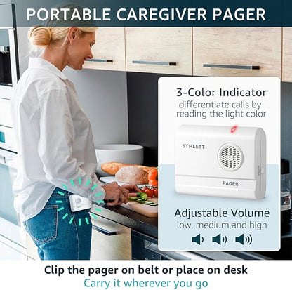 SYNLETT Bed Alarm Caregiver Pager with Wireless Motion Sensor Alarm Indoor Fall Prevention for Elderly Monitoring Seniors Dementia Patients Seniors Home Door Chime