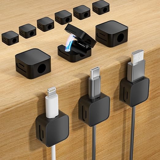 12 Black Magnetic Cable Clips,Under Desk Cable Management,Cord Holder for Nightstand Home Office Car Phone Wall,2025 Adhesive Cord Organizer[0.45" in Ht Save Space/Versatile for Wire Up to 0.27" OD]