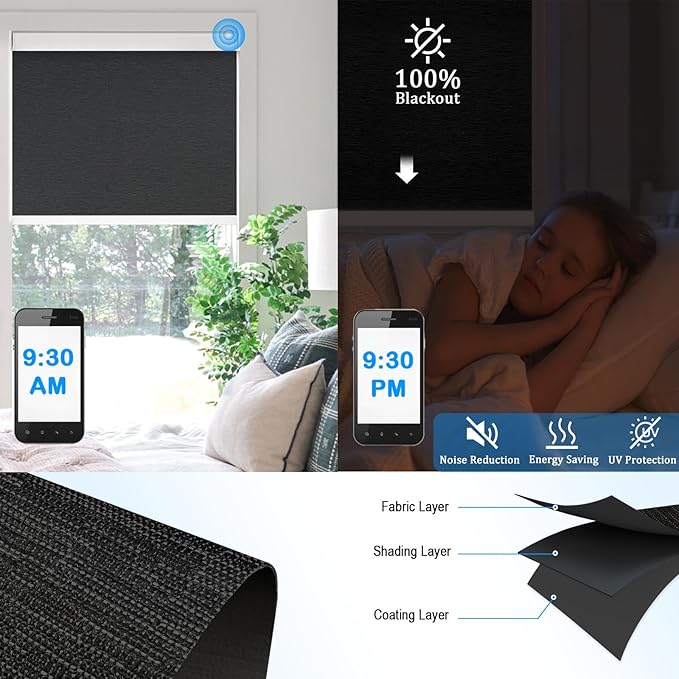 COOLWINDS Motorized Blinds with Remote Cordless Automatic Motorized Shades Custom Blinds for Windows Smart Curtains Compatible with Alexa Google Home(Blackout Jacquard Black,W23 x H72in)