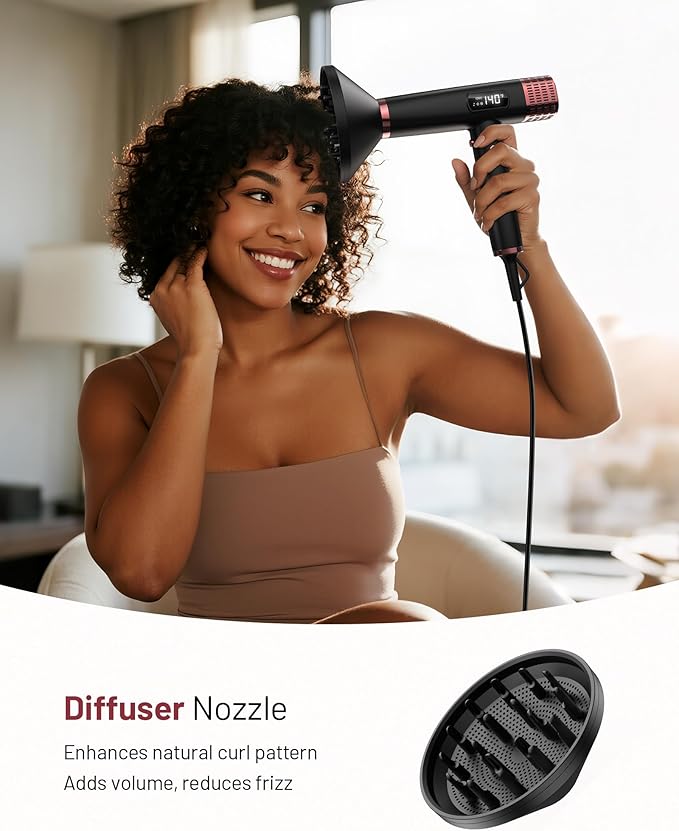 MESCOMB Travel Hair Dryer with Diffuser, 1875W Dual Voltage Ionic - Fast Drying & Frizz Control for Thick/Curly Hair, Lightweight Low Noise for Hotels/Apartments/Home Use, Worldwide Travel (110-240V)