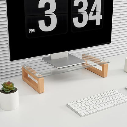 YEOUX Multi-Purpose Desktop Stand, Clear Floating Computer Monitor Riser with Natural Wood Base, Desk Organization Shelf for Printer, Laptop, Audio Device, Flat Screen