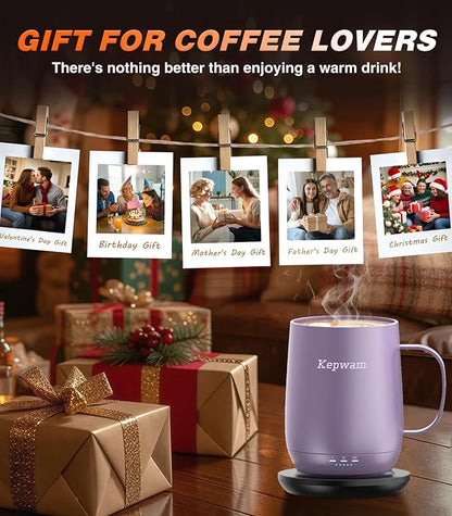 Kepwam Self Heating Coffee Mug T2, 16oz Smart Heated Coffee Mug, 150 Min Battery Life - Hot up to 149℉ Temperature Control Coffee Mug Warmer, Gifts for Dad Mom (No APP)