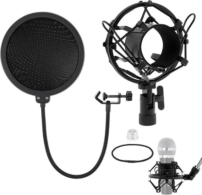 Anti-vibration Microphone Shock Mount for 46mm-50mm Condenser Microphones with Pop Filter for Broadcasting Studio Music Recording, Wind Pop Screen Flexible 360 Degree Gooseneck Clip Arm